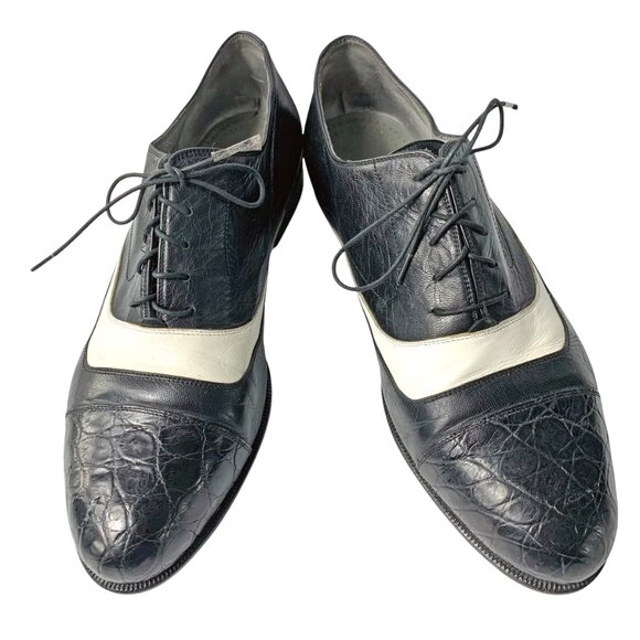 Lorenzo Banfi Black with White Leather‎ Embossed Cap Toe Dress Oxfords - Picture 6 of 12